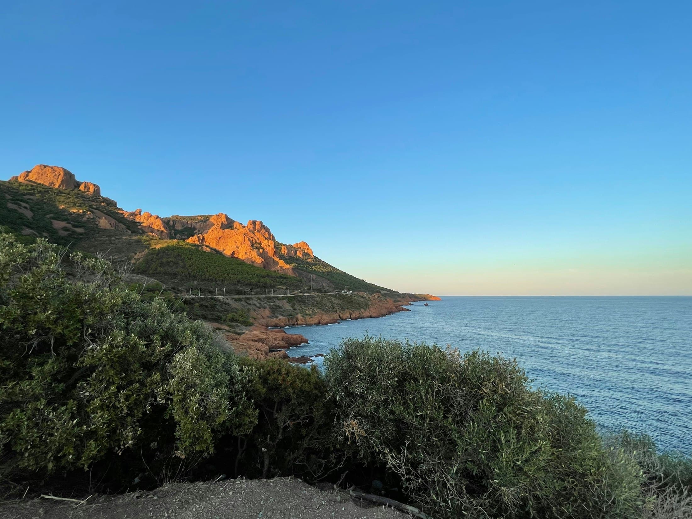 The red rocks of the Estérel lit orange by a low sun above the coast road, the red shore dropping into a calm blue sea