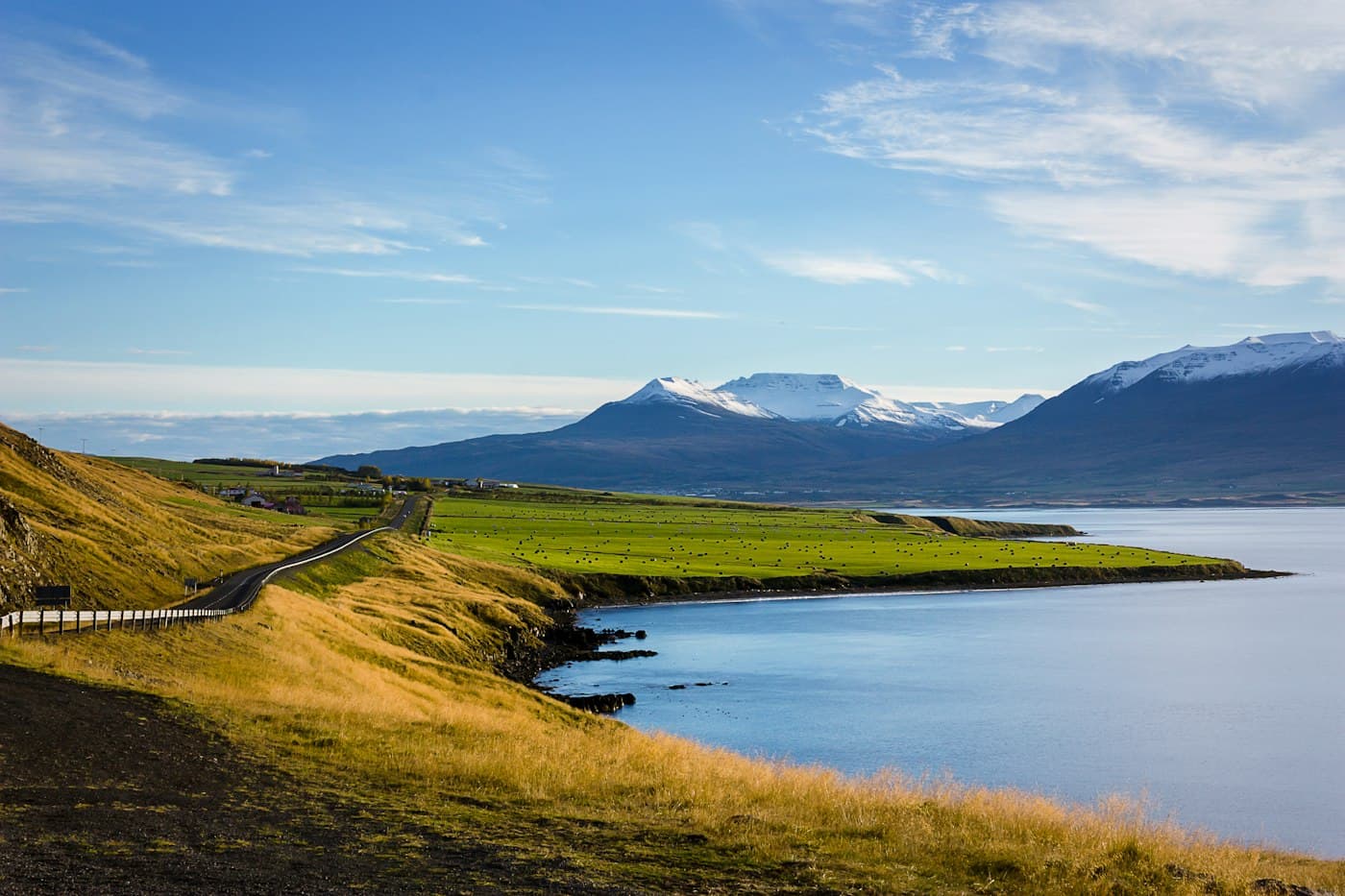 Eine Straße am Ufer des Eyjafjörður bei tief stehender Sonne, goldenes Gras und grüne Wiesen am Fjord, Schnee auf den Bergen am anderen Ufer