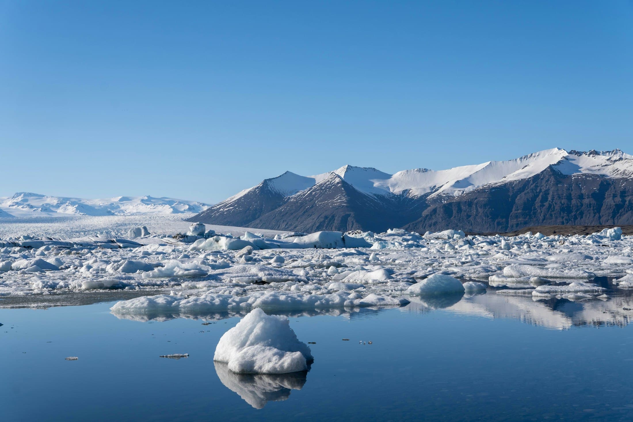 Icebergs que llenan la laguna de Jökulsárlón bajo un cielo azul despejado, la lengua del glaciar a la izquierda y montañas nevadas a la derecha, con un bloque de hielo reflejado en el agua quieta