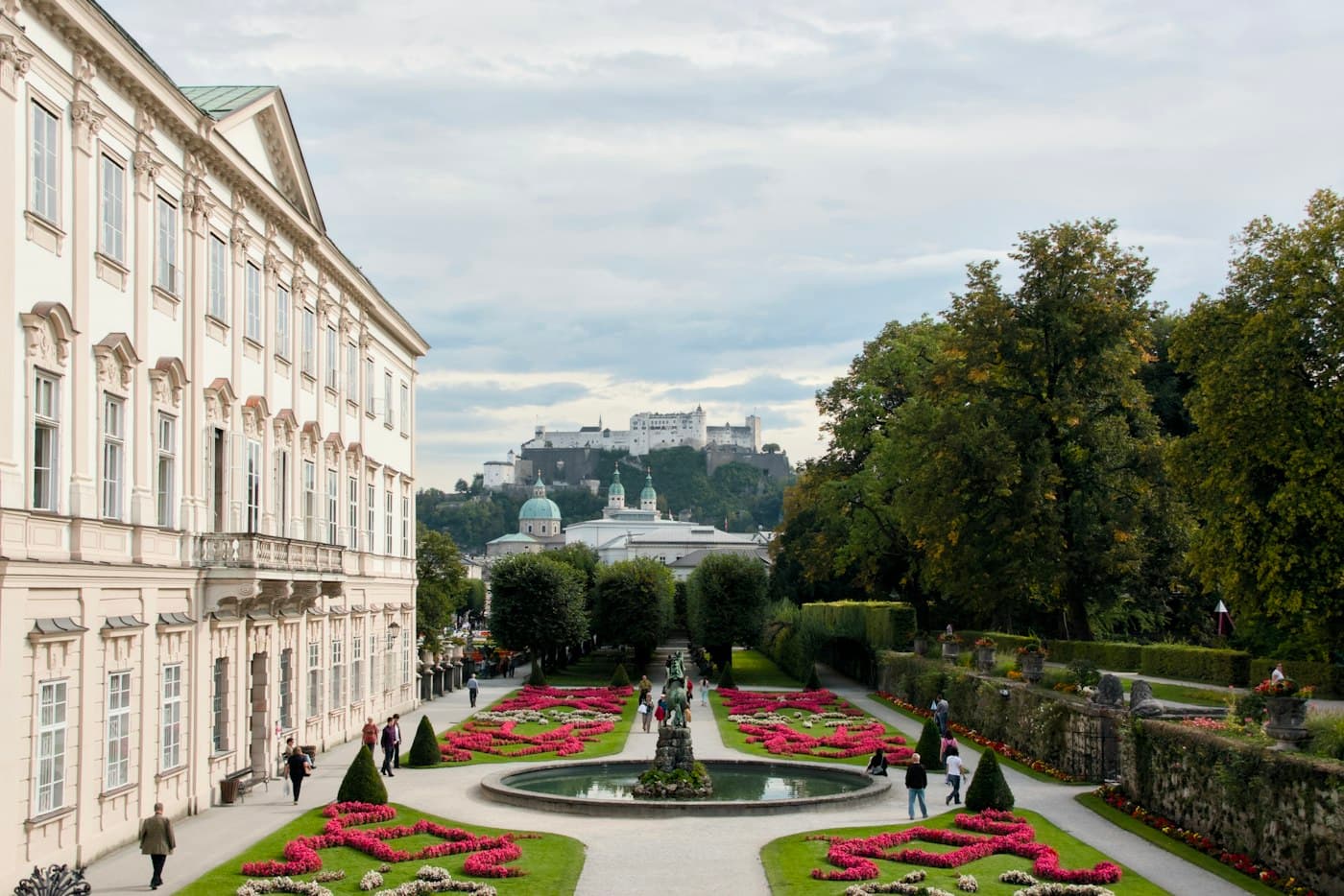 Blumenbeete und Brunnen im Mirabellgarten neben dem Schloss, dahinter Dom und Festung