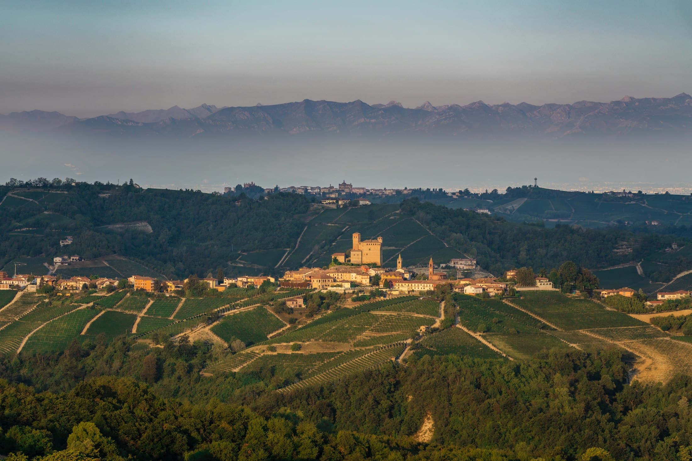 Serralunga d’Alba e il suo castello su un crinale di vigneti nelle Langhe, con le Alpi all’orizzonte