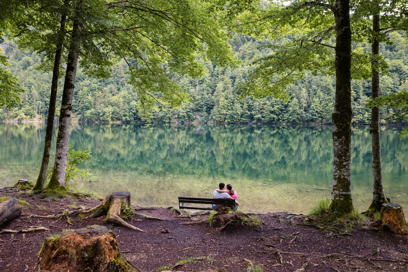 A couple on a bench under tall trees by the clear green water of the Toplitzsee