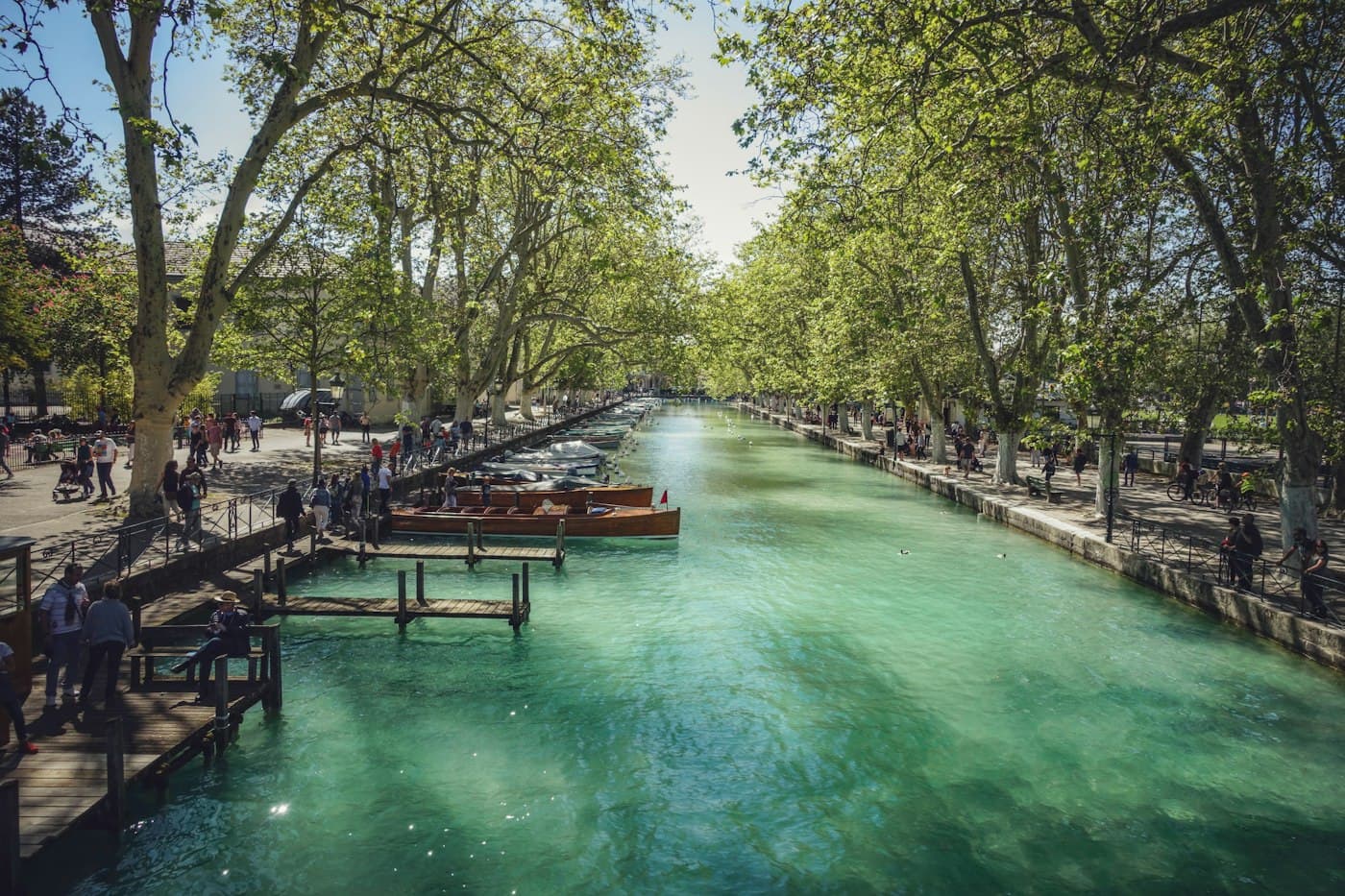 The Canal du Vassé in Annecy, its clear green water under rows of plane trees, wooden boats moored along the quay